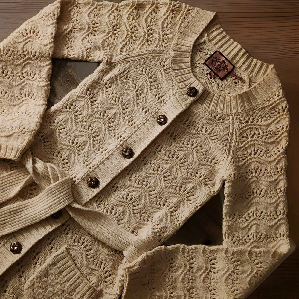 Juicy Couture Y2k Cashmere Angora Wool Cream Knit Cardigan Belted Button Pockets View 6